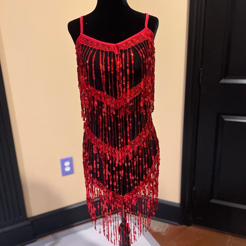Red and Black Fringe Flapper style Dance Costume or Dress adult small
